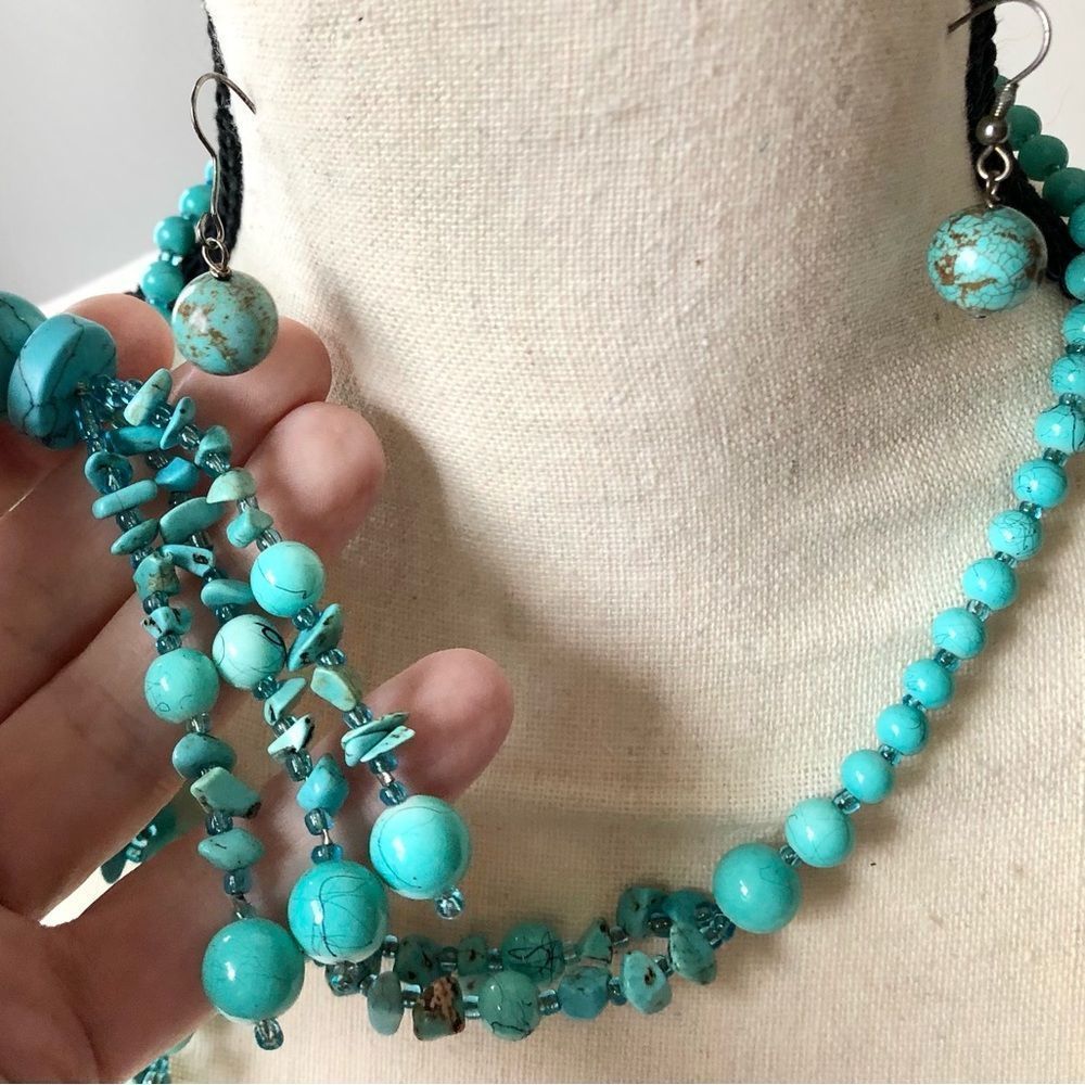 Necklace & Earring Set turquoise mix beads glass Native American JEWELRY long